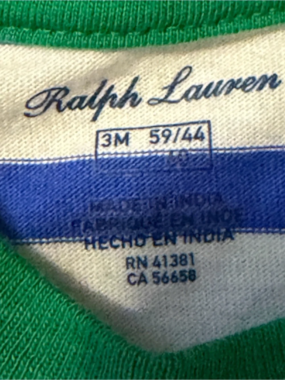 Ralph Lauren Baby Boys' Blue & White Striped Shirt w/Green Trim Size 3 Months